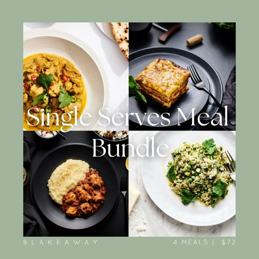 A collage for the Single Serves Meal Bundle with four prepared dishes: BLAKEAWAY's Butter Chicken with Cashews, Glenby's Lasagne, Seasonal Risotto and Syrian Chicken & Paris Mash.