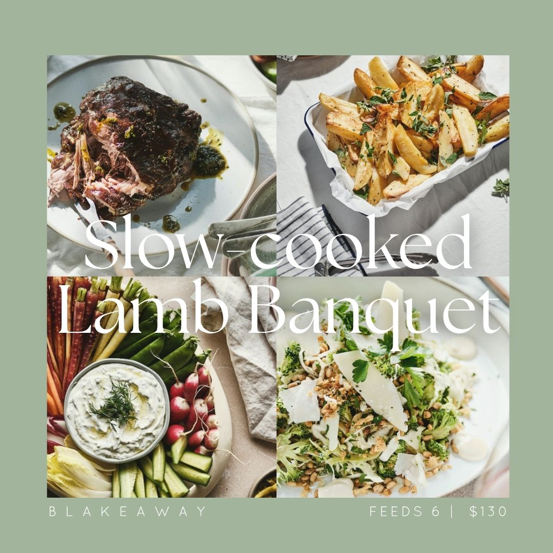 Promotional collage for BLAKEAWAY's low-cooked Lamb Banquet featuring the slow-cooked lamb shoulder, roasted greek lemon potato, tzatziki dip, and a cabbage & broccoli slaw.