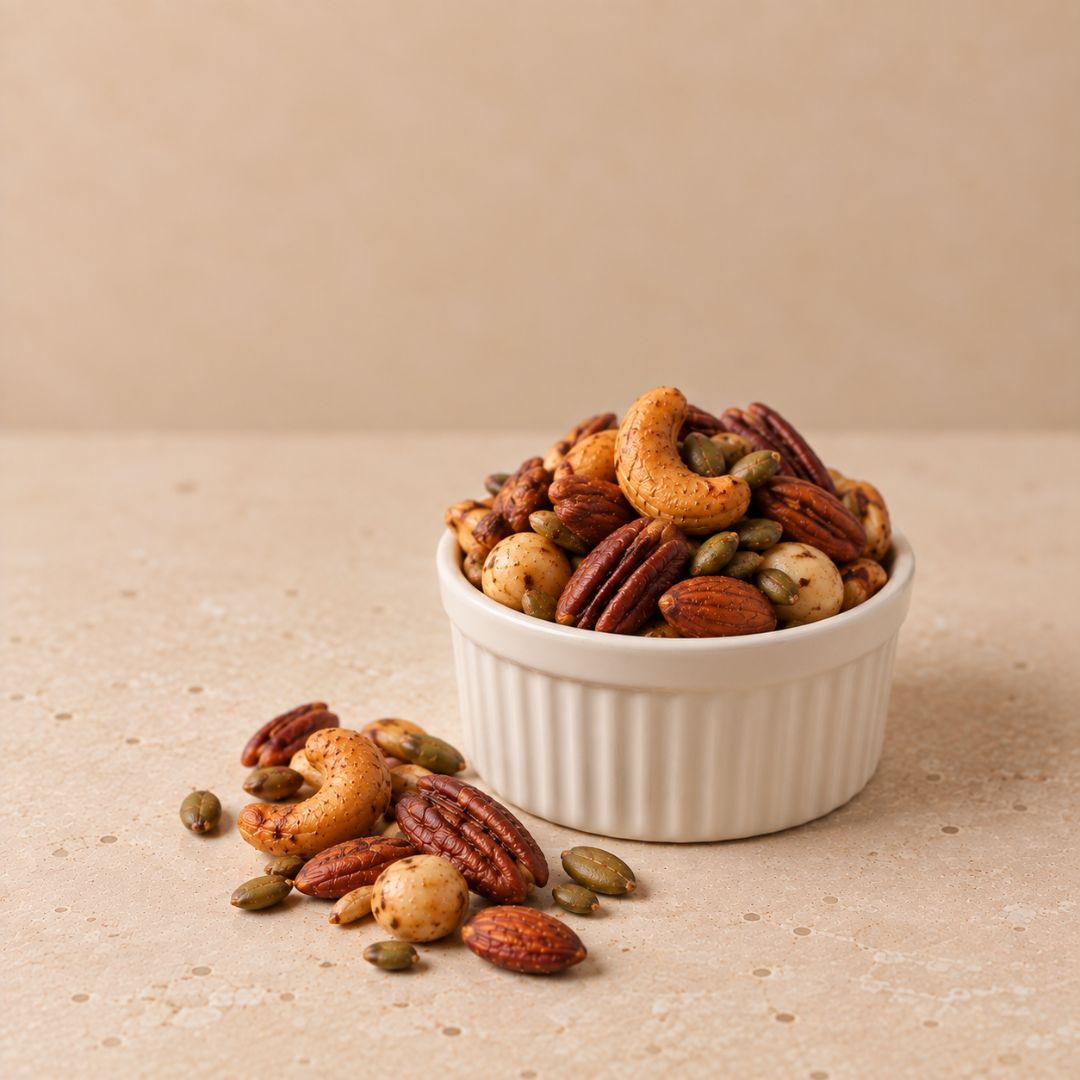 A white ribbed ramekin filled with mixed nuts and seeds, including cashews, almonds, pecans, and pumpkin seeds, with a few scattered on a beige surface against a matching beige background.