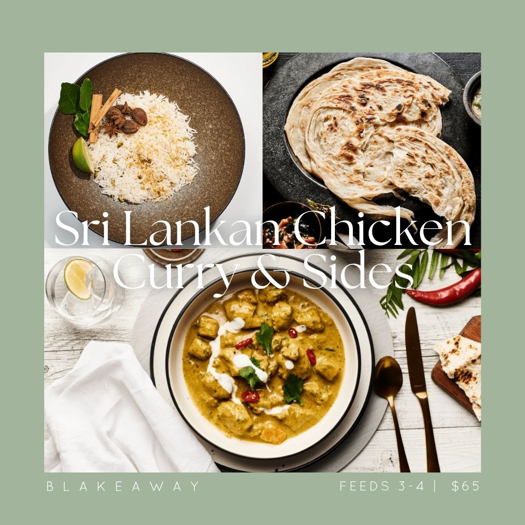 A collage for Sri Lankan Chicken Curry & Sides, featuring a bowl of creamy chicken curry with rice, a plate of flatbread, and a side of curry with garnish, overlaid with the text 'Sri Lankan Chicken Curry & Sides'.