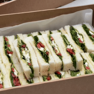 SUNDRIED TOMATO, GOATS CHEESE, HONEY, SPINACH, GUACAMOLE & PESTO FINGER SANDWICHES