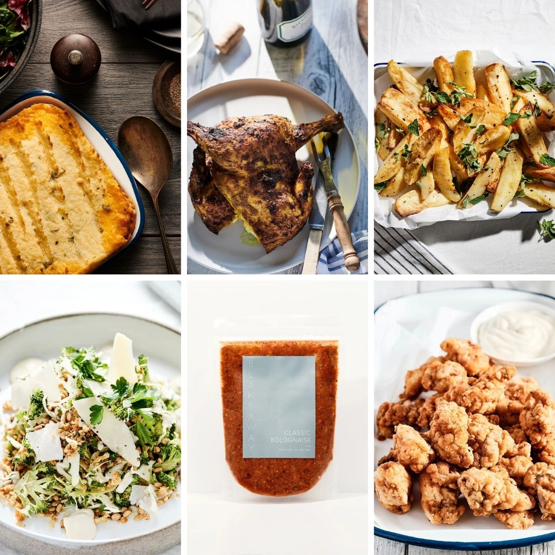 Collage of various family friendly dishes including shepherds pie, butterflied chicken, greek lemon roasted potatoes, cauliflower salad, and popcorn chicken.