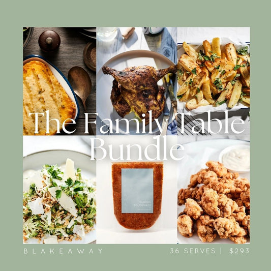 A promotional collage for BLAKEAWAY's Family Table Bundle, showing the range of different foods included such as Buttermilk Popcorn Chicken, Classic Bolognaise, Jezza's Butterflied Chicken, Greek Roast Potatoes, Cabbage & Broccoli Slaw and Shepherd's Pie.