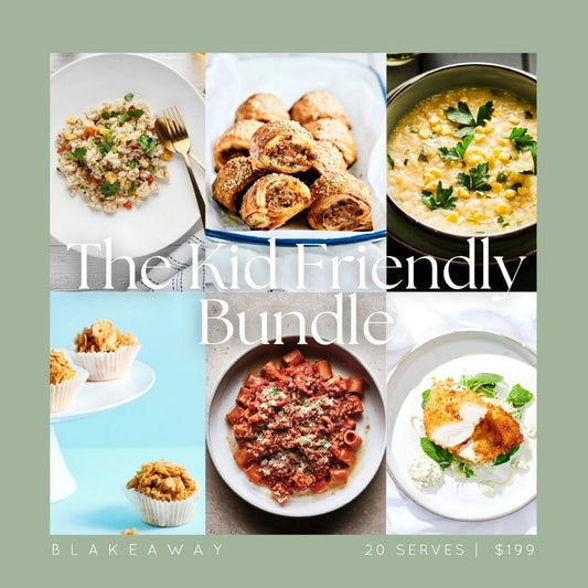 A collage for BLAKEAWAY's Kid Friendly Bundle', featuring six different kid-friendly dishes including sausage rolls, vegetarian fried rice, tubetti rigati bolognese, chicken schnitzels, honey joys.