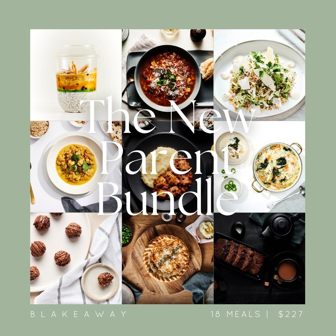 A promotional collage for a meal bundle titled "The New Parent Bundle" with the brand name Blakeaway. The design features a sage green border and shows eight food photography panels including salads, curries, tacos, desserts, and baked goods arranged on plates and tables.