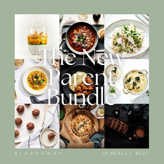 A promotional collage for a meal bundle titled "The New Parent Bundle" with the brand name Blakeaway. The design features a sage green border and shows eight food photography panels including salads, curries, tacos, desserts, and baked goods arranged on plates and tables.