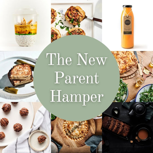A collage for 'The New Parent Hamper' featuring a central sage green circle with white text over a grid of food and beverage photos, including a layered chia pudding, rueben toastie, a circus orange juice, lasagne, chicken leek & semillon pie.