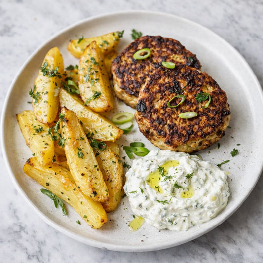 Grilled Turkey & Zucchini Burgers, Greek Style Lemon Roast Potatoes, Tzatziki - Single Serve
