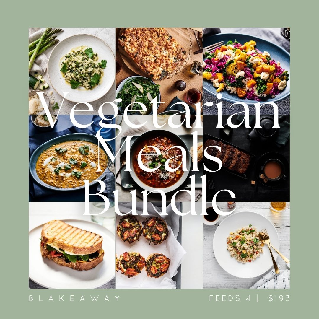 A collage for a 'Vegetarian Meals Bundle' by Blakeaway, featuring nine different vegetarian dishes arranged in a grid with large white text overlay. The collage is set against a sage green background with text at the bottom reading 'BLAKEAWAY' and 'FEEDS 4 | $193'.