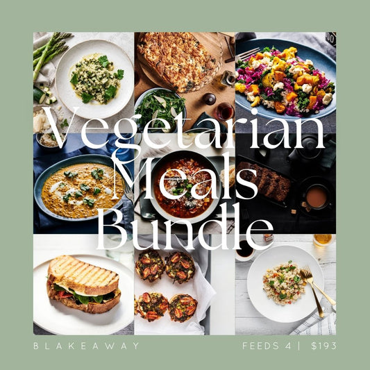 A collage for a 'Vegetarian Meals Bundle' by Blakeaway, featuring nine different vegetarian dishes arranged in a grid with large white text overlay. The collage is set against a sage green background with text at the bottom reading 'BLAKEAWAY' and 'FEEDS 4 | $193'.