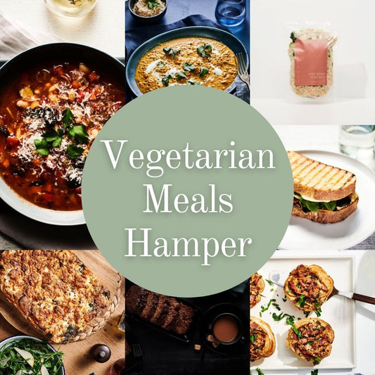 A collage of assorted prepared foods and packaged ingredients surrounding a large central sage-green circle with the text 'Vegetarian Meals Hamper.' Visible food items include a minestrone soup, lentil & coconut dhal, vegetarian fried rice, vegetarian toastie, vegetarian tarts, vegetarian lasagne and jen jen's nut loaf.