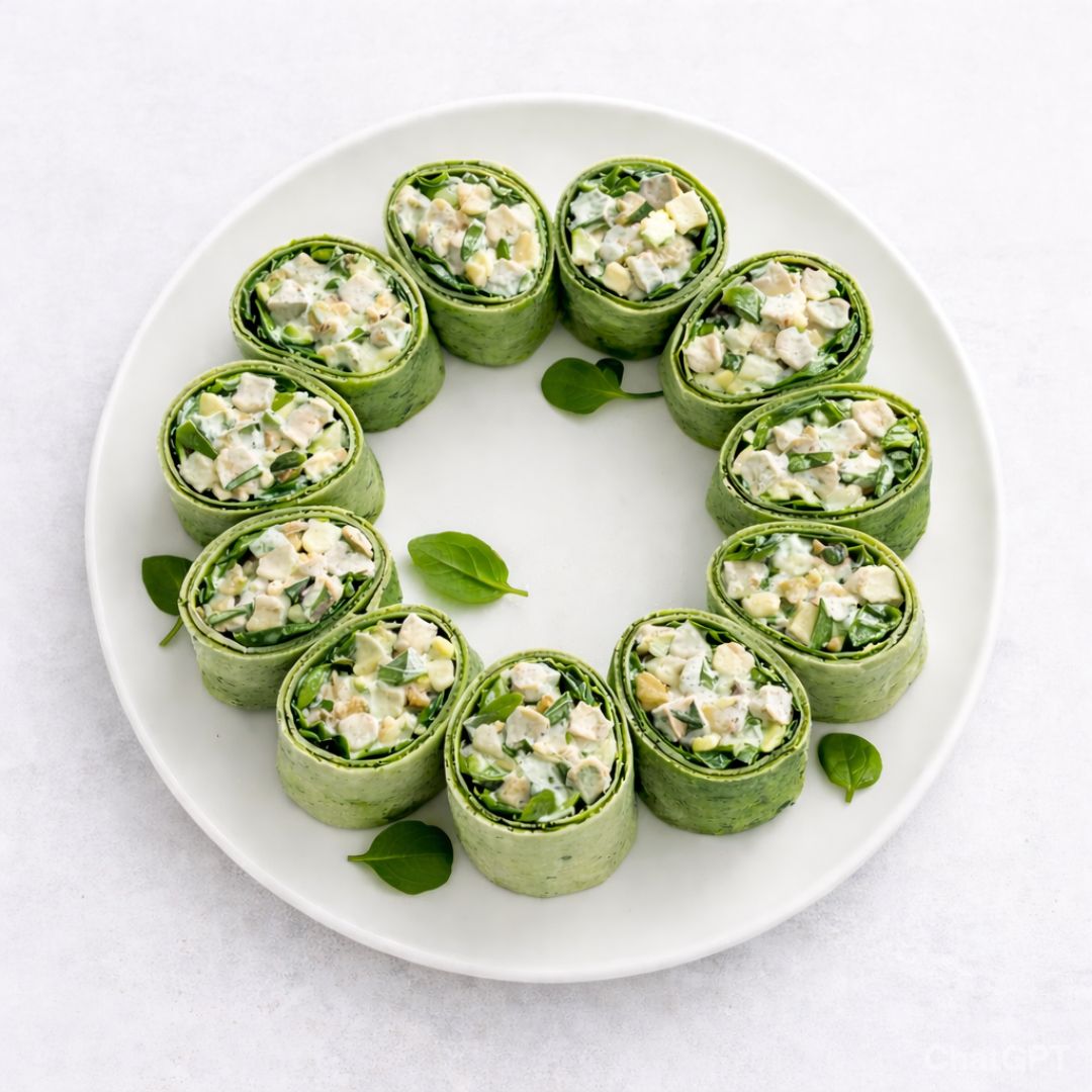Green Waldorf chicken wraps with filling on a white plate