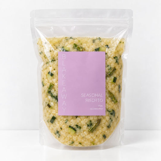 Standing pouch of the BLAKEAWAY's zucchini, asparagus and smoked scamorza risotto with the label 'seasonal risotto 750g gluten free' on the front.